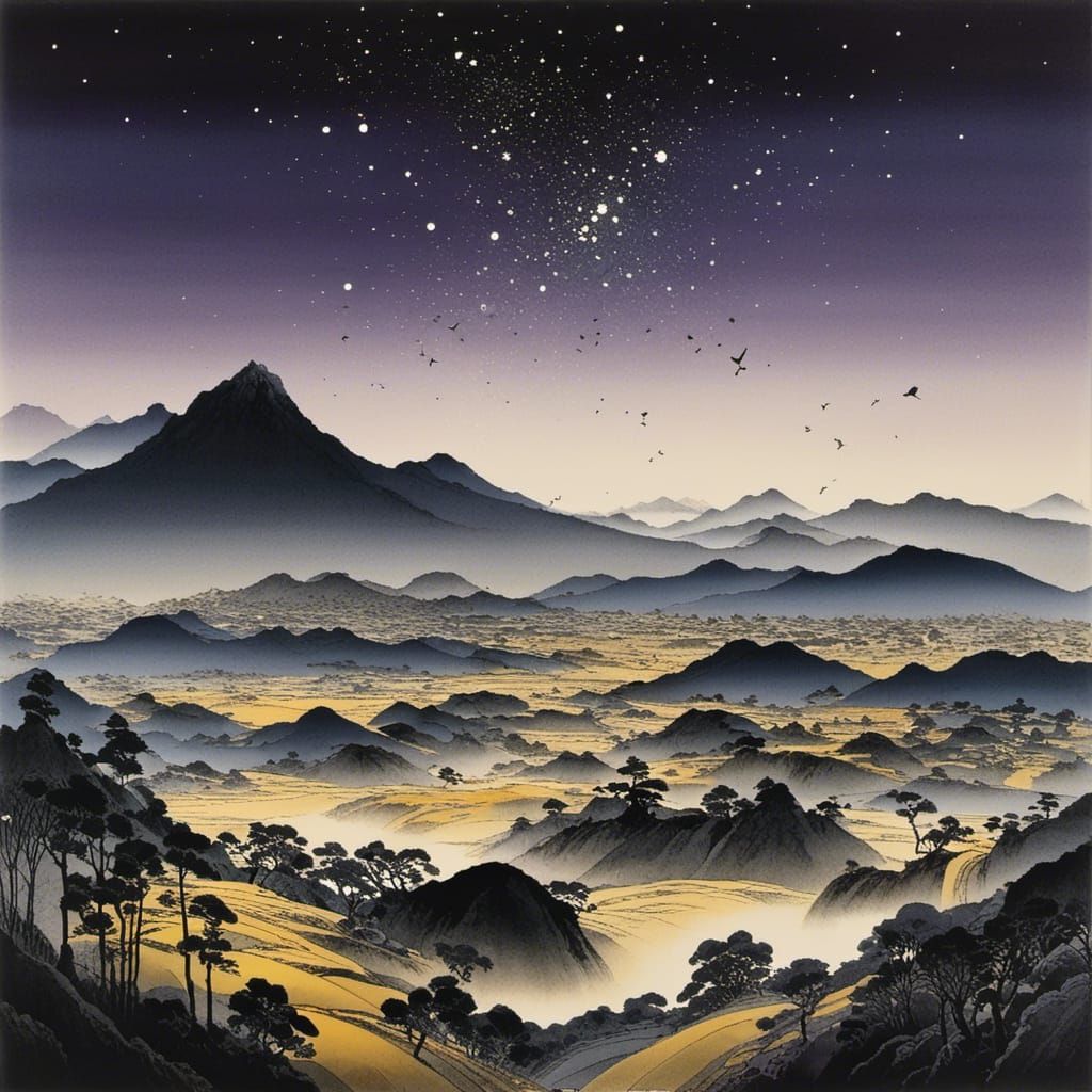 Surreal Landscape in Vibrant Violet Hues and Traditional Jap...