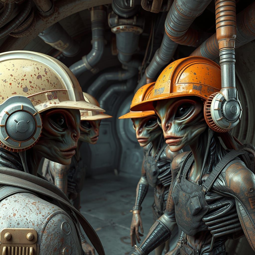 Aliens in Grunge Spaceship, Highly Detailed 3D Render