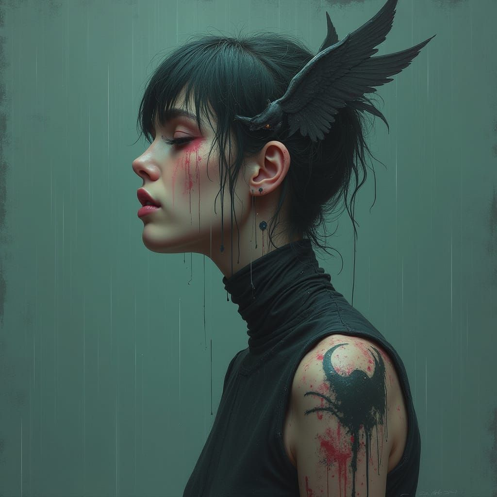 Frustrated Glitch Head with Rain Cloud and Shoulder Angels