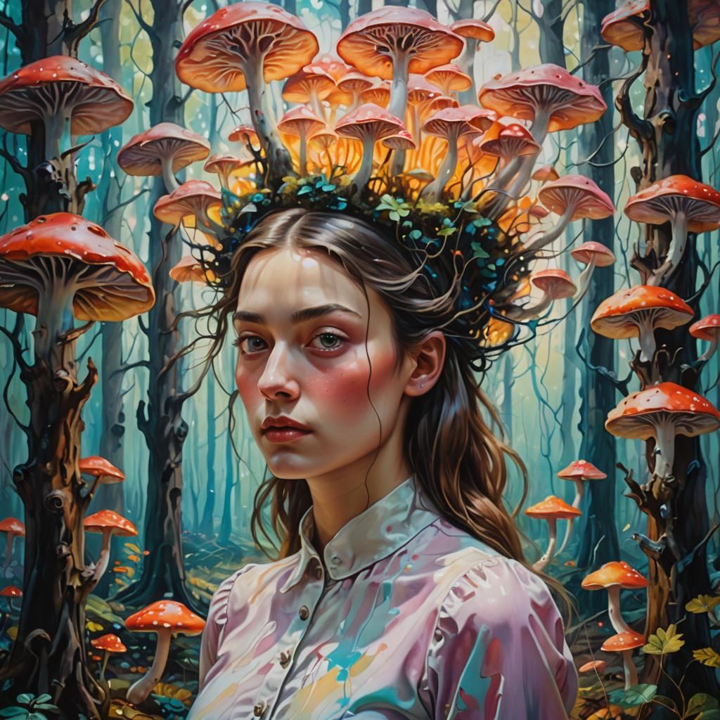 Surreal Oil Painting of Girl in Dreamlike Forest with Glowin...