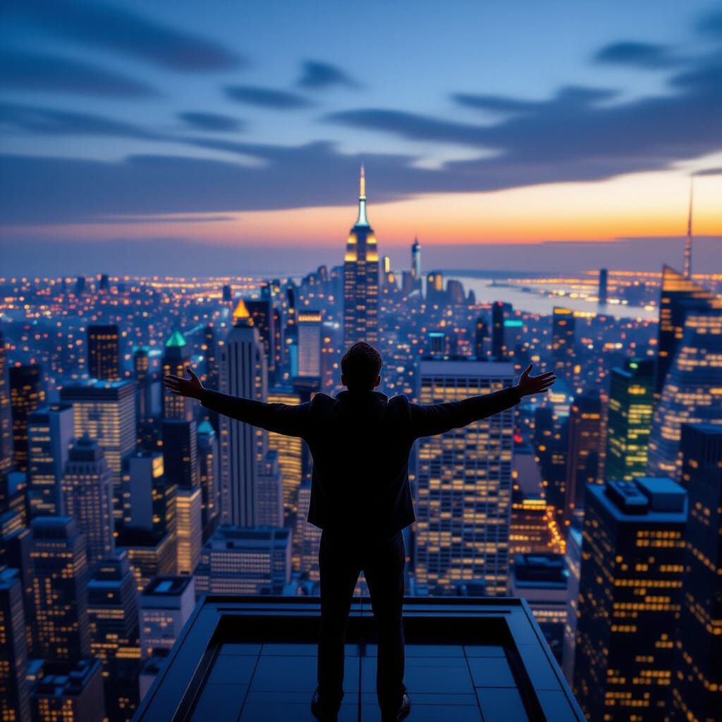 Man on Skyscraper Rooftop, Arms Wide Open, City Skyline Gran...
