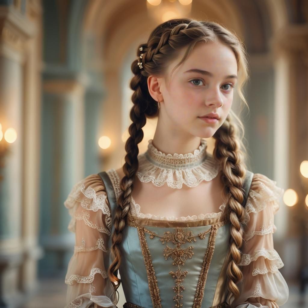 closeup photo of a cute teenage girl with French braids, wearing a ruffled dress, in a renaissance palace, pastel colors...