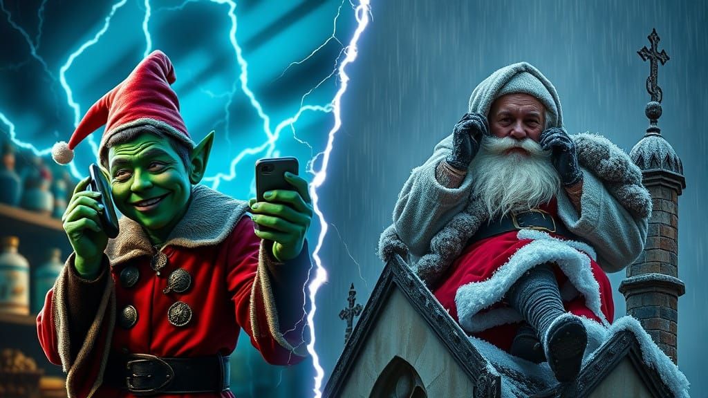 Photorealistic High-Resolution Winter Scene with Elf and San...