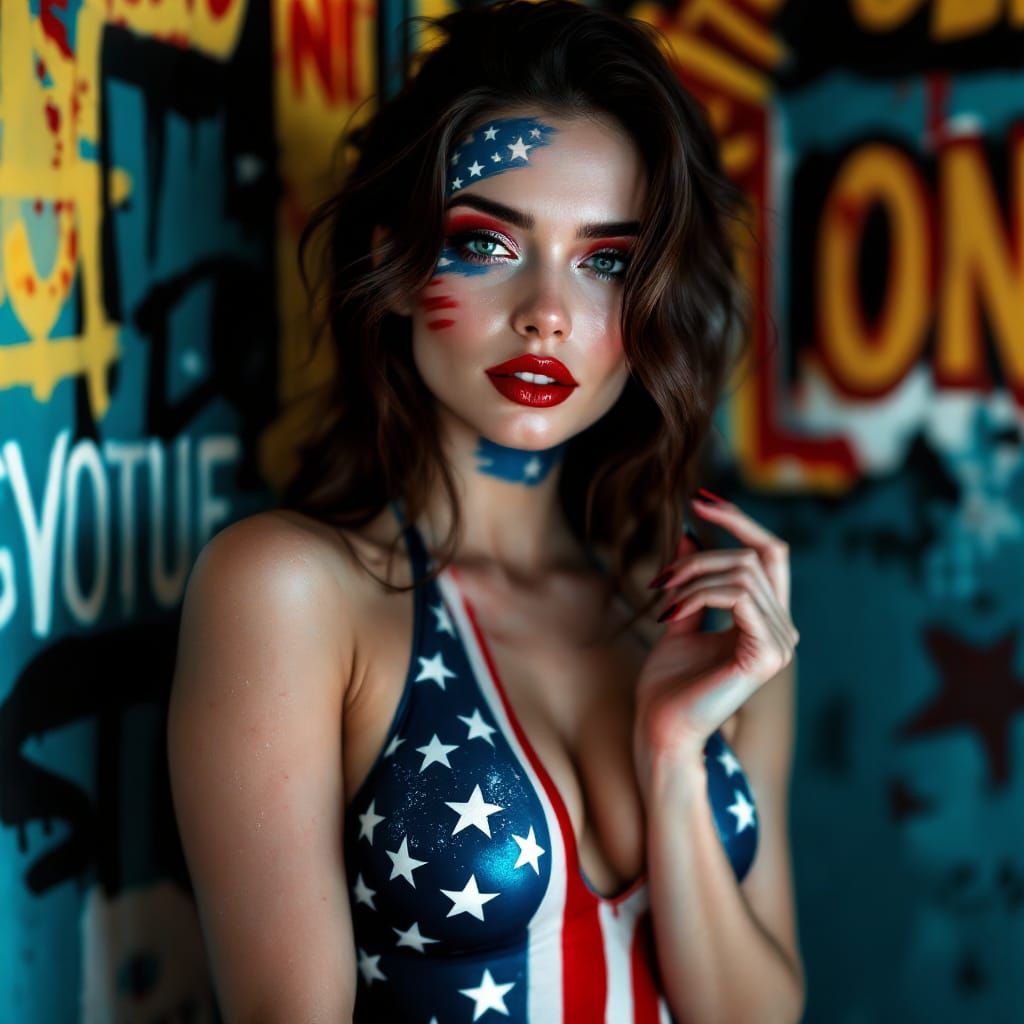 Sultry Siren in American Flag Body Art