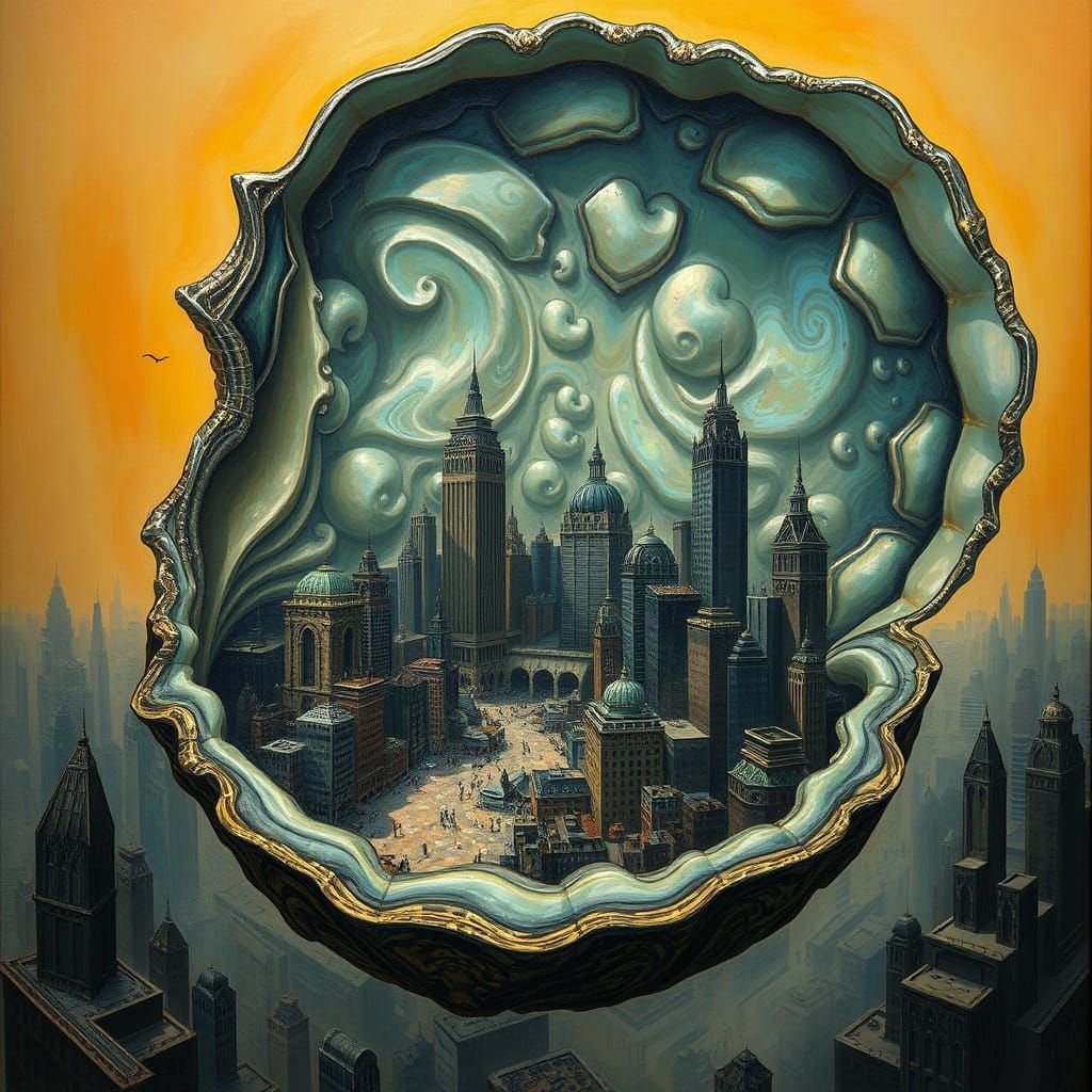 Baroque Dystopian Cityscape Swallowed by an Oyster Shell