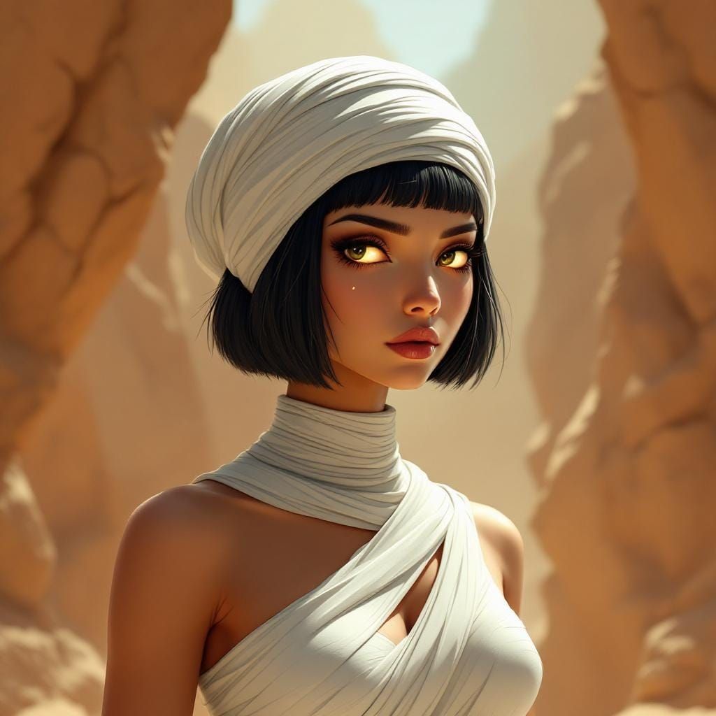 Mummy Maya in Cel-Shaded Desert Landscape