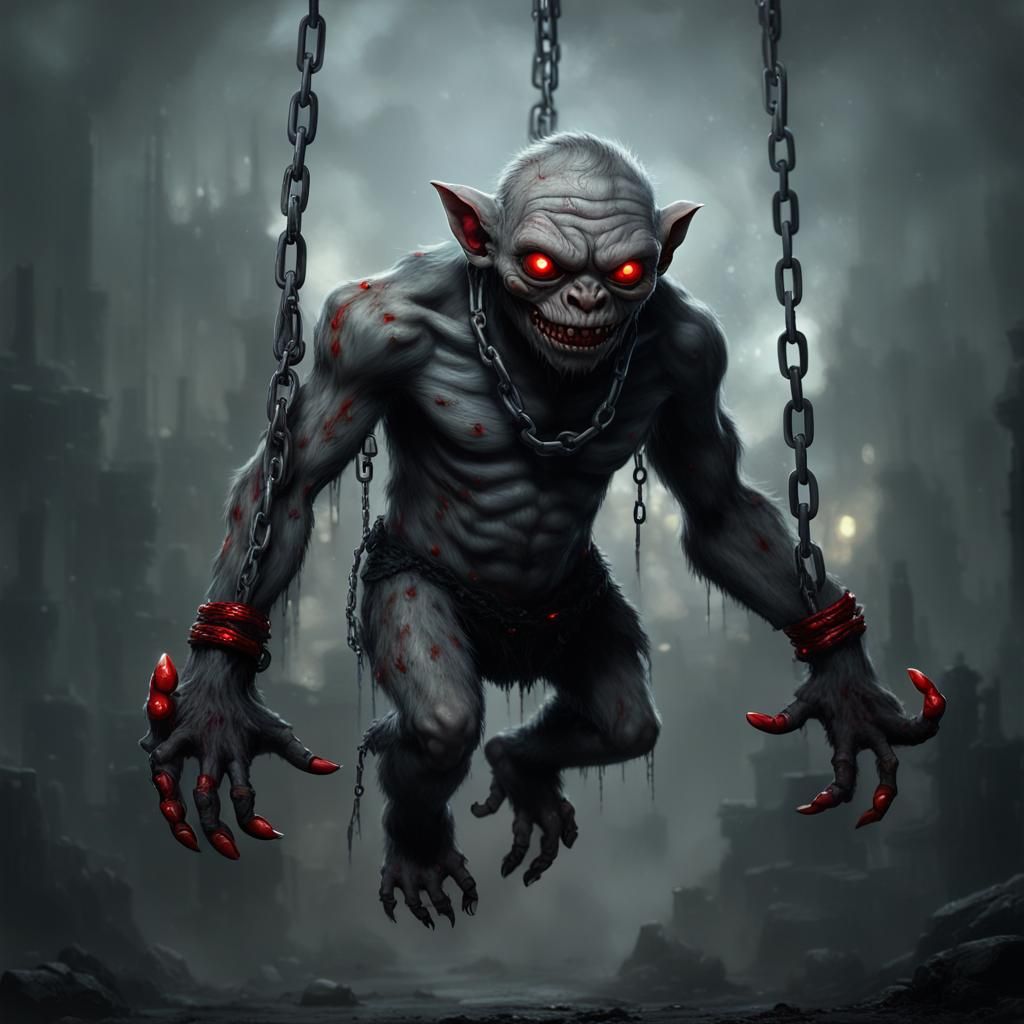 Cyberpunk Gremlin Tormented in Hellish Industrial Landscape