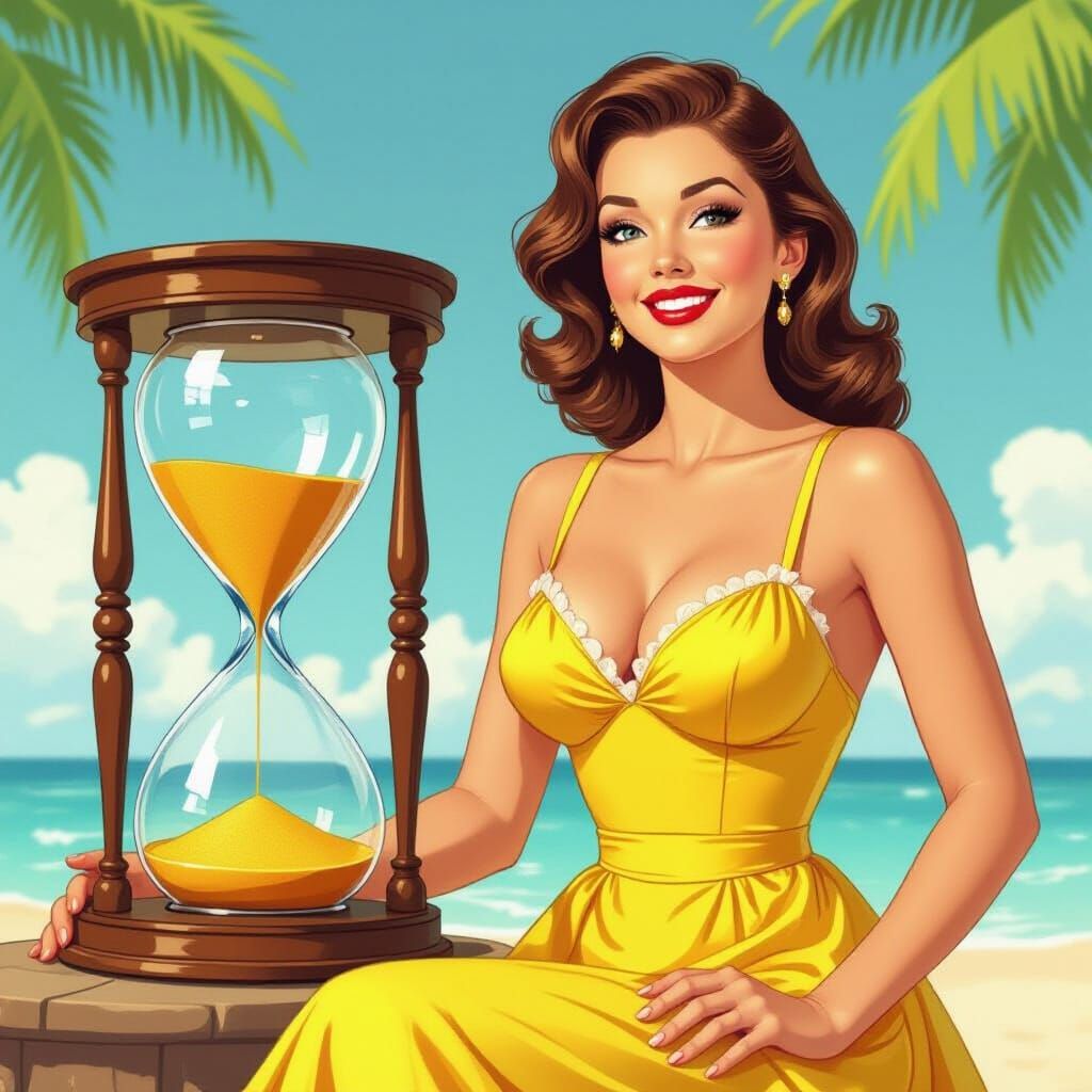 Curvaceous Woman in 1950s Dress, Comic Book Art