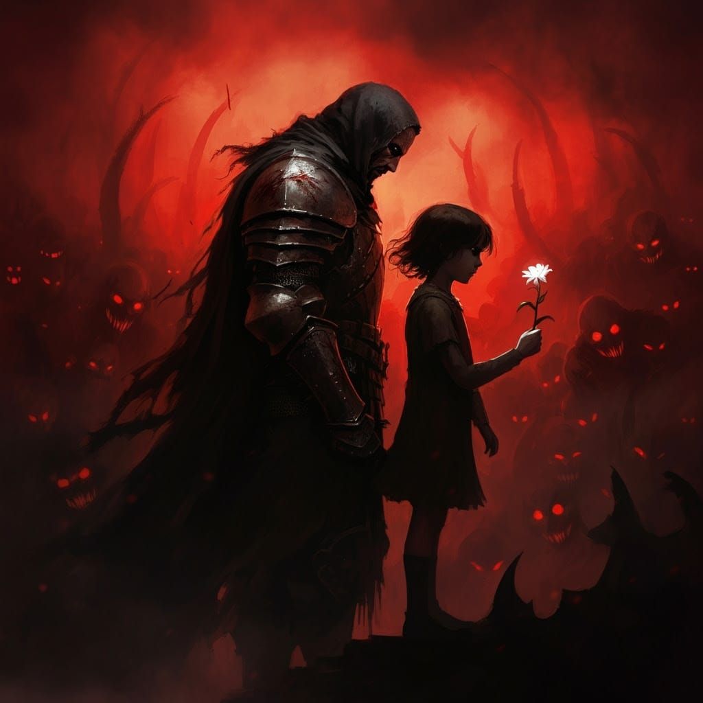 Scarred Knight Protects Innocence in Dark Fantasy