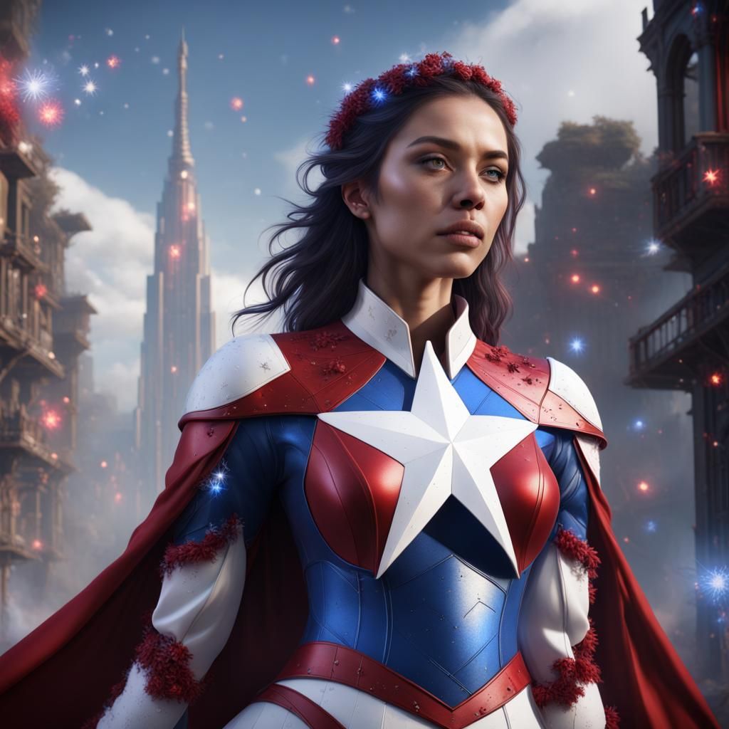 Surreal Woman Surrounded by Red, White, and Blue Stars in a...