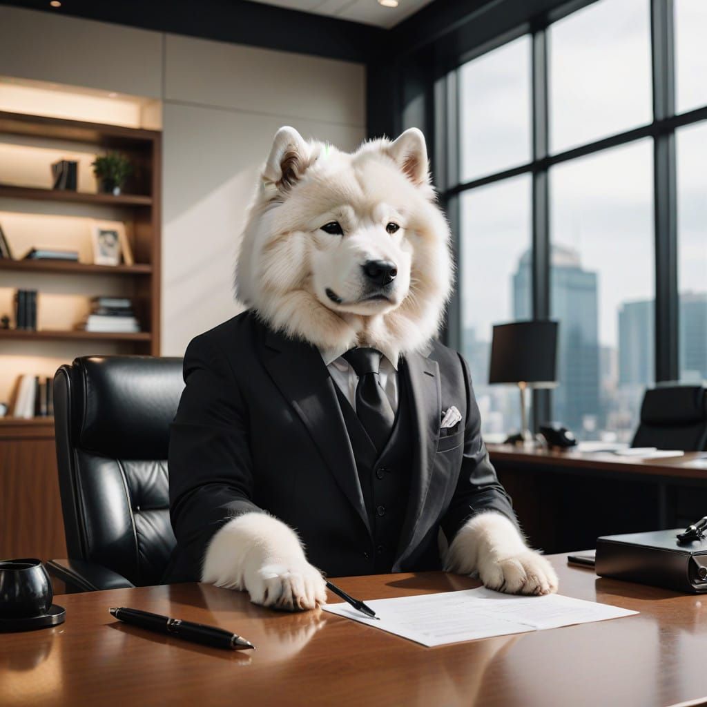 Dapper Samoyed CEO in Luxurious Office