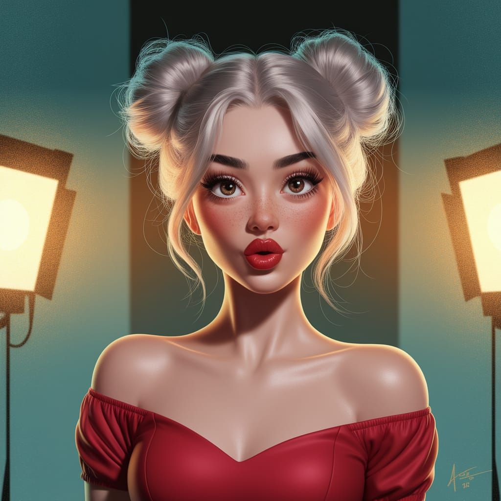 Digital Portrait of Woman with Platinum Hair and Red Lips
