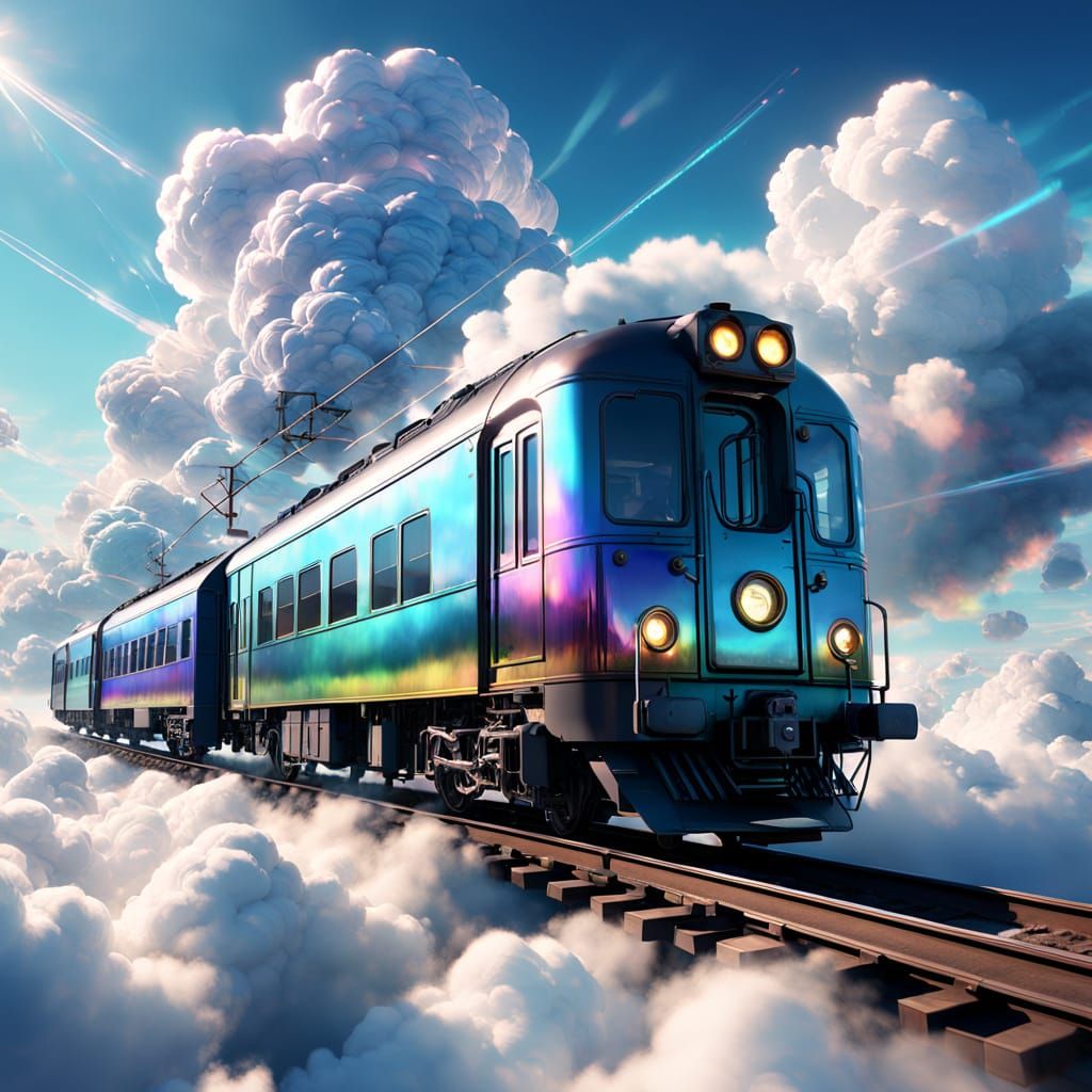 Iridescent Glass Train Glides Through Ethereal Clouds in Cin...