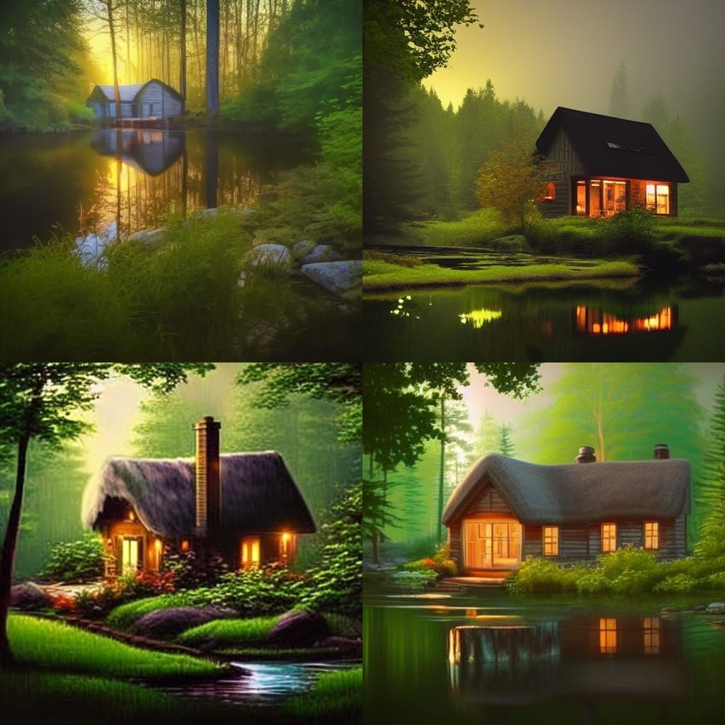 Moonlit Cottage Reflects in Serene Forest Waters