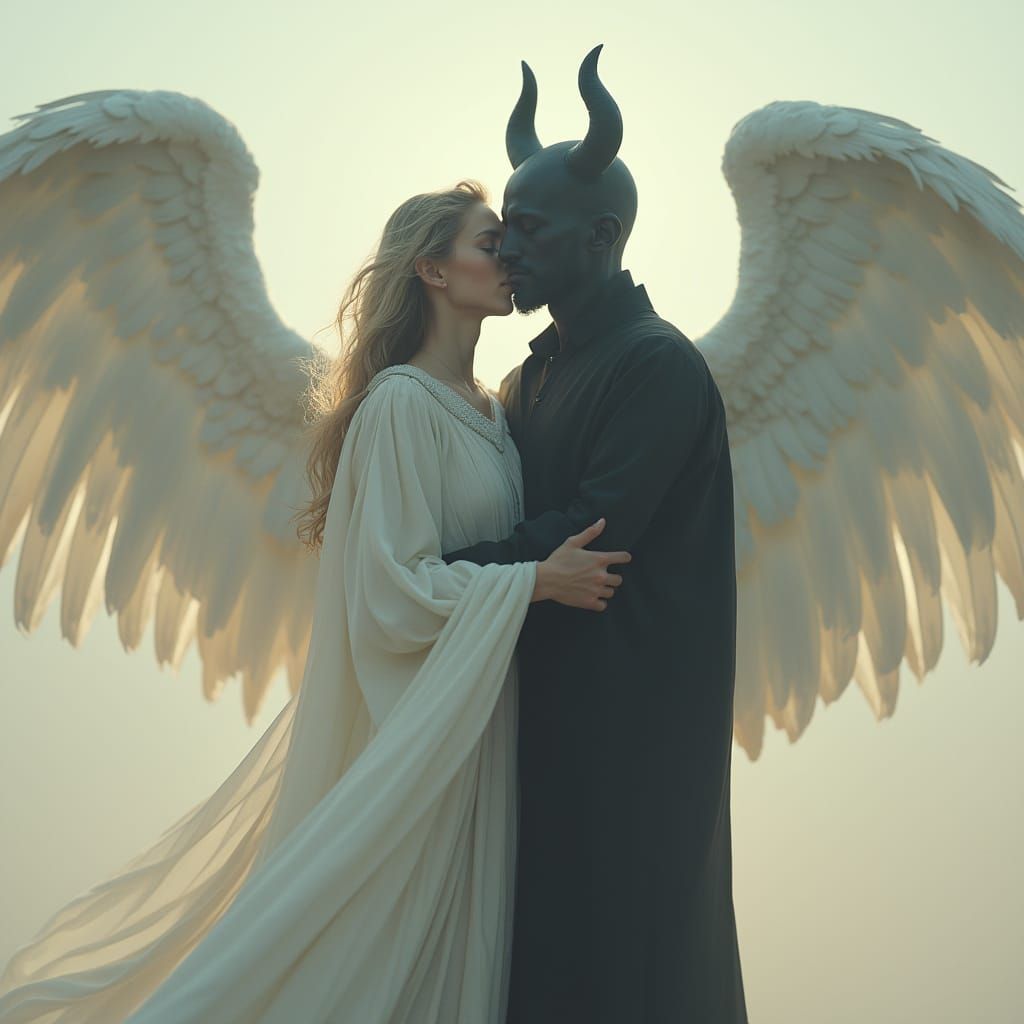 Angel and Devil Embrace in Ethereal Light