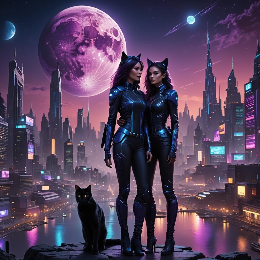 Cyberpunk Couple Under a Glowing Purple Moon