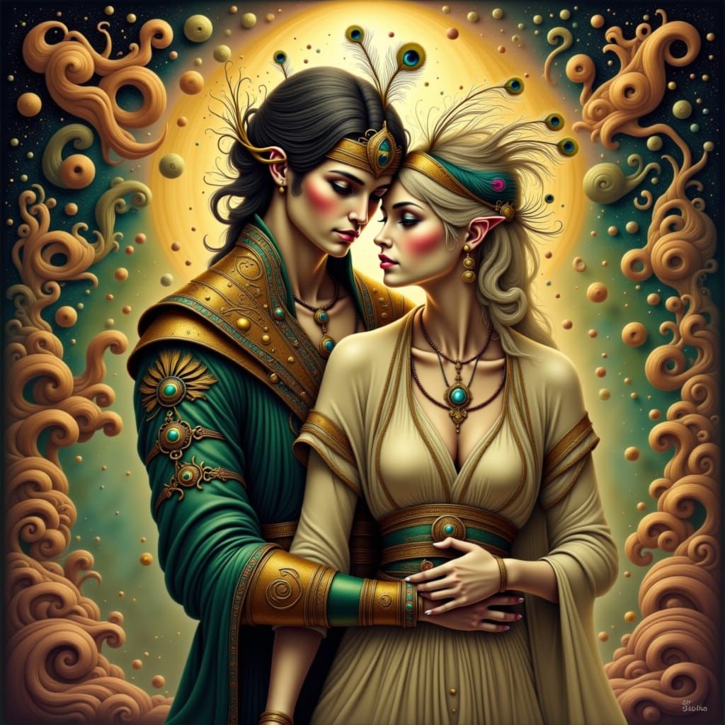Divine Entities Embrace in Cosmic Fantasy Art
