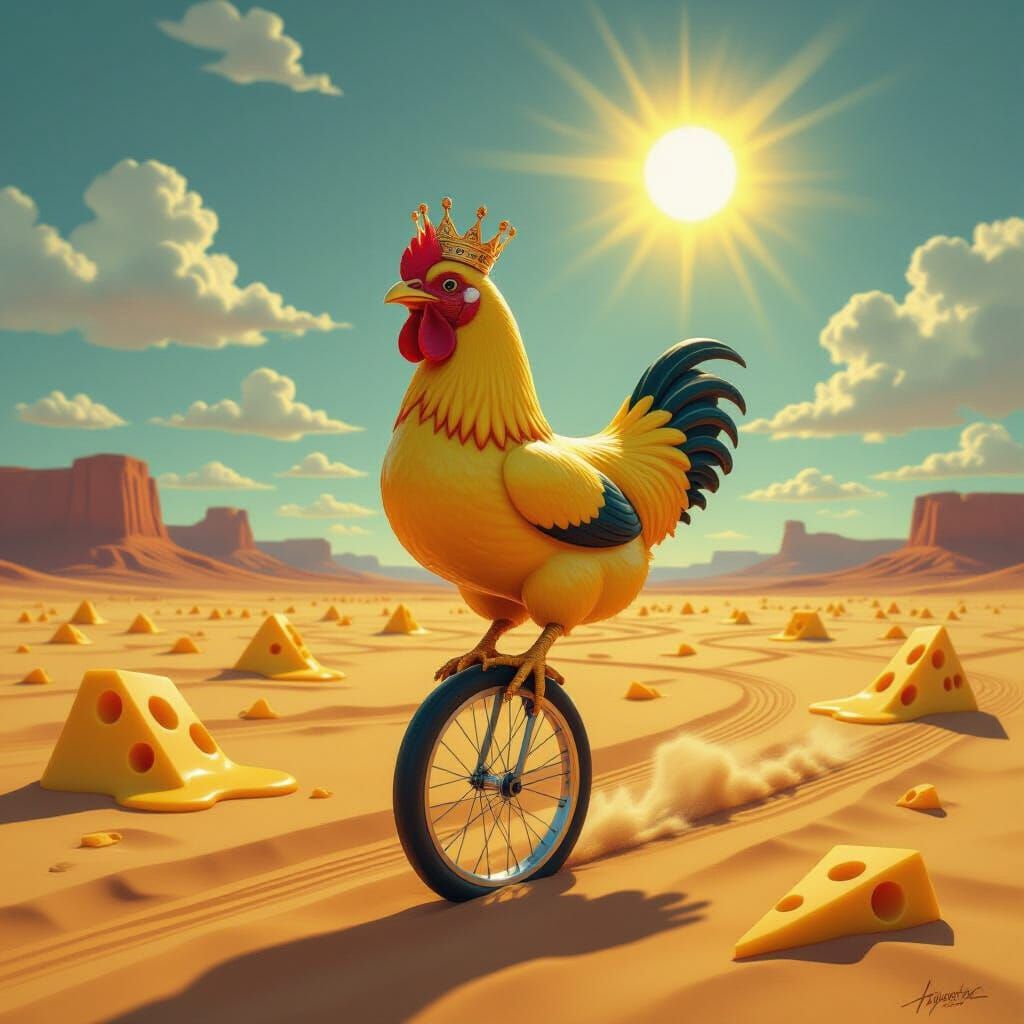 Surreal Rubber Chicken Crowned on Unicycle in Dali Desert
