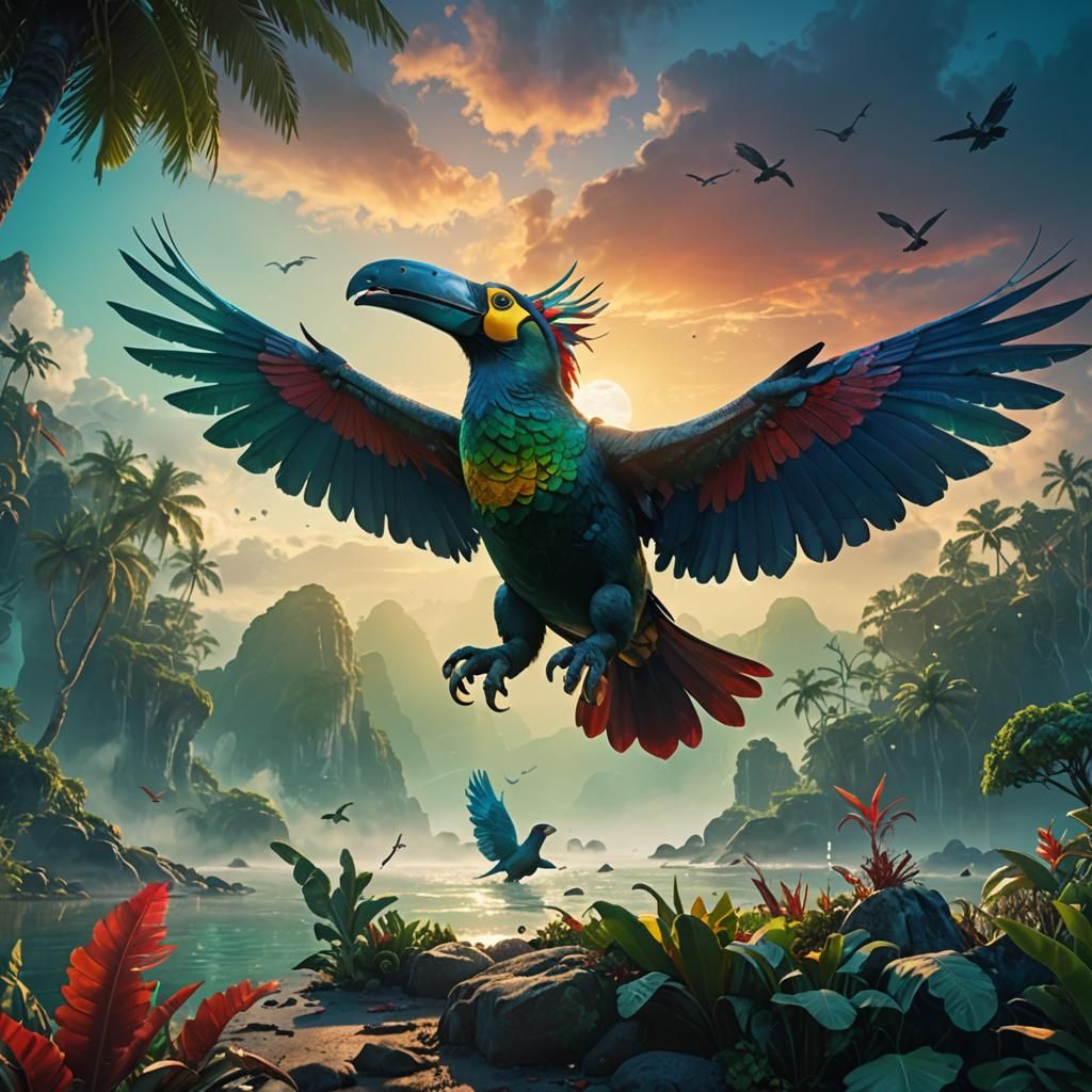 Rhino Octopus Toucan Hybrid with Iridescent Wings on a Misty...