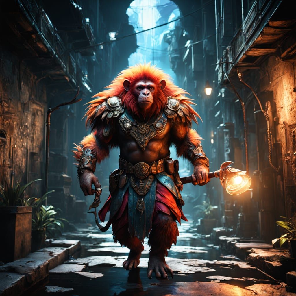 Uakari Warrior in Dark Alleyway, Cinematic Illustration