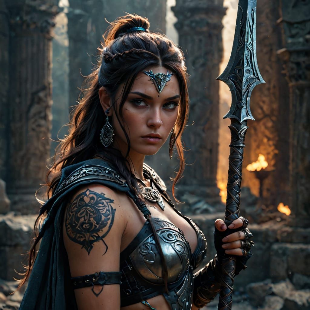 Valkyrie Warrior Guarding Ruined Temple in Realism Style