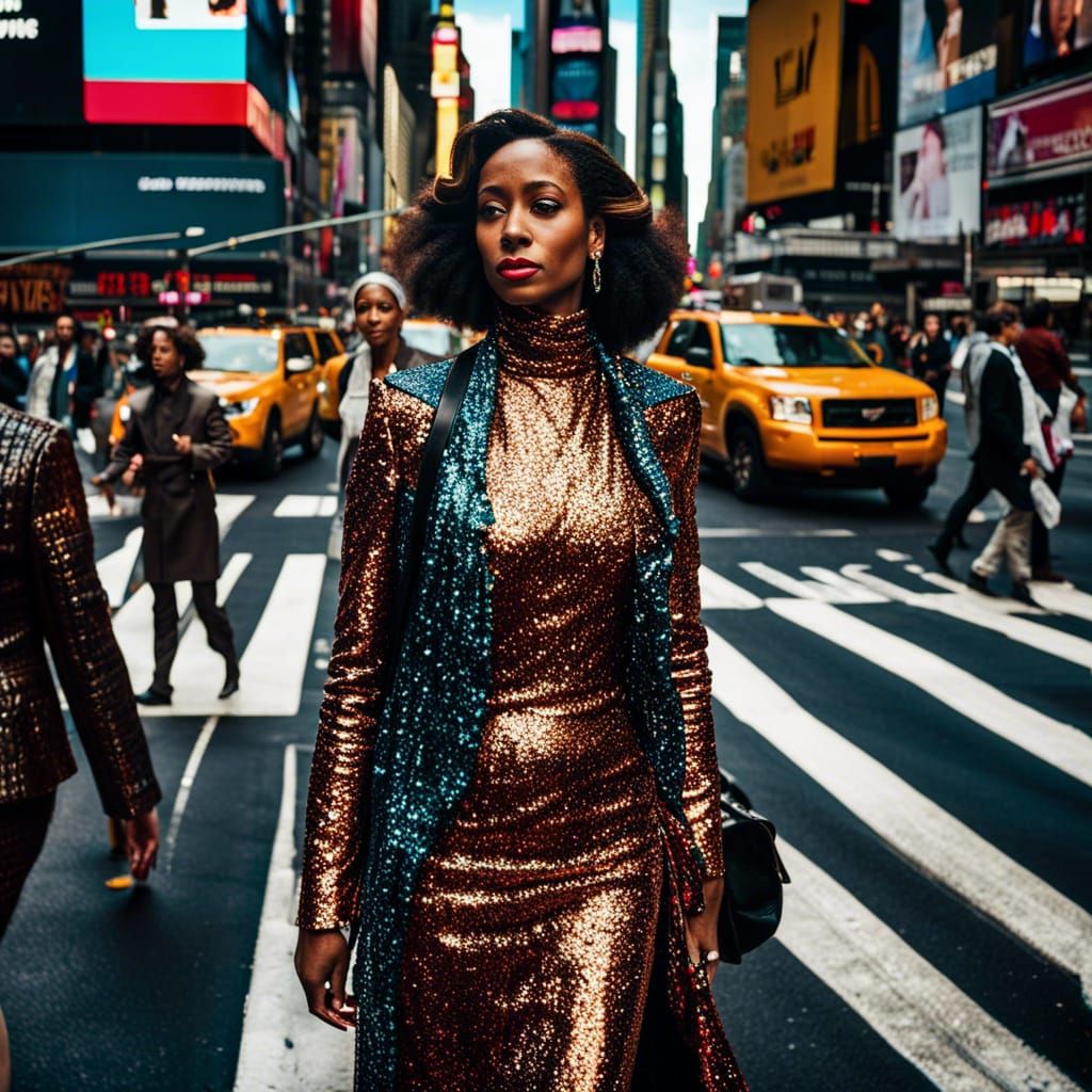 Woman in a Glittering Outfit Steals Spotlight in Times Squar...