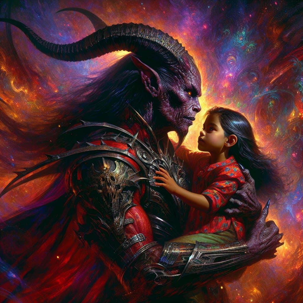 Enigmatic Demoness Embracing a Young Girl in a Dark Fantasy...
