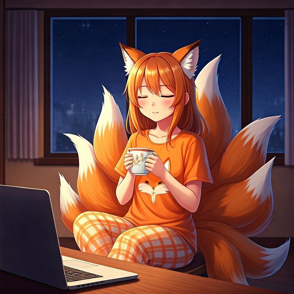 Anime Fox Girl Enjoying Ramen on Starry Night