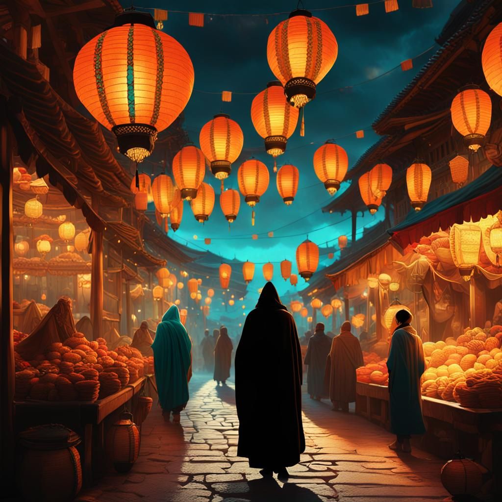 Mysterious Figure in Ancient Marketplace at Dusk