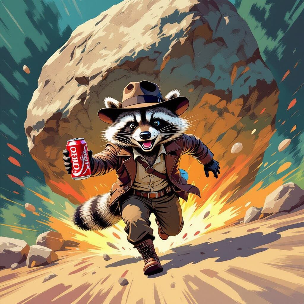 Raccoon Indiana Jones Running from Boulder in Comic Art Styl...