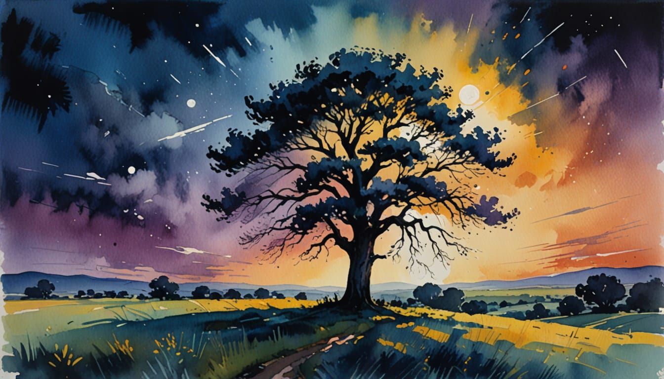 Impressionist Moonlit Landscape in Gouache Style