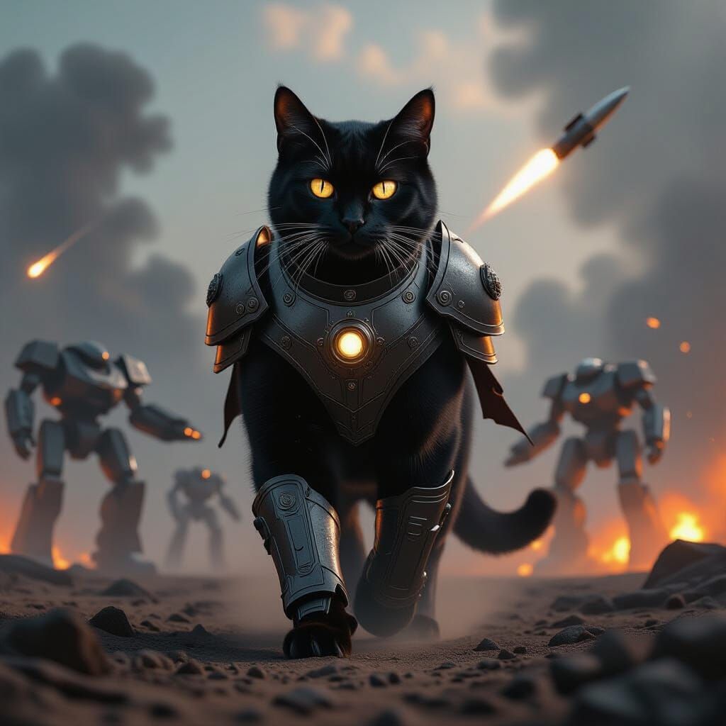 Massive Armored Bombay Cat on Battlefield in Cinematic Sci-F...