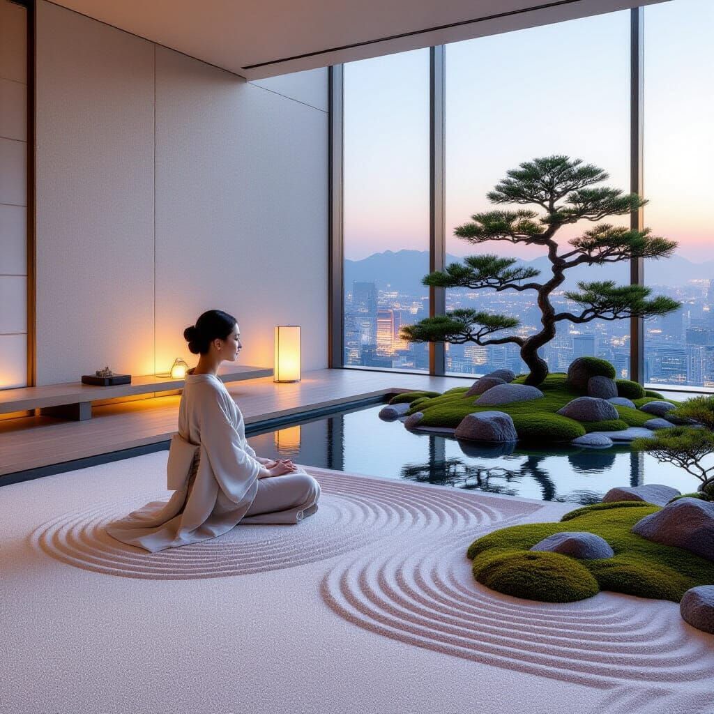 Serene Woman in Minimalist Zen Garden