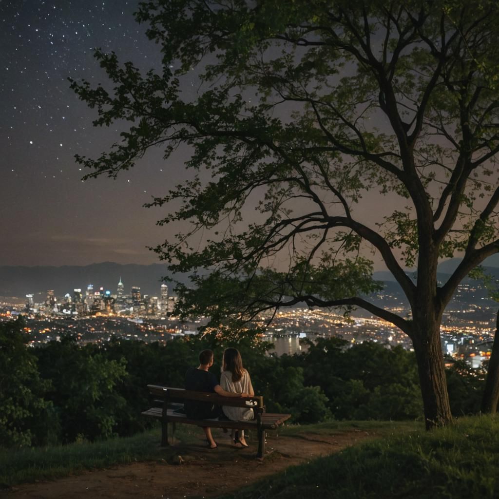 A couple sitting on a bench atop a hill, overlooking the cityscape below.