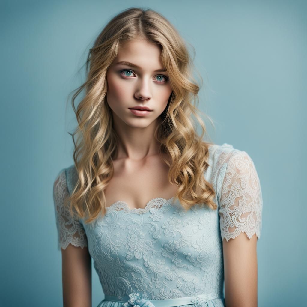 Surreal Portrait of a Young Blonde Woman in Floral Lace Gown