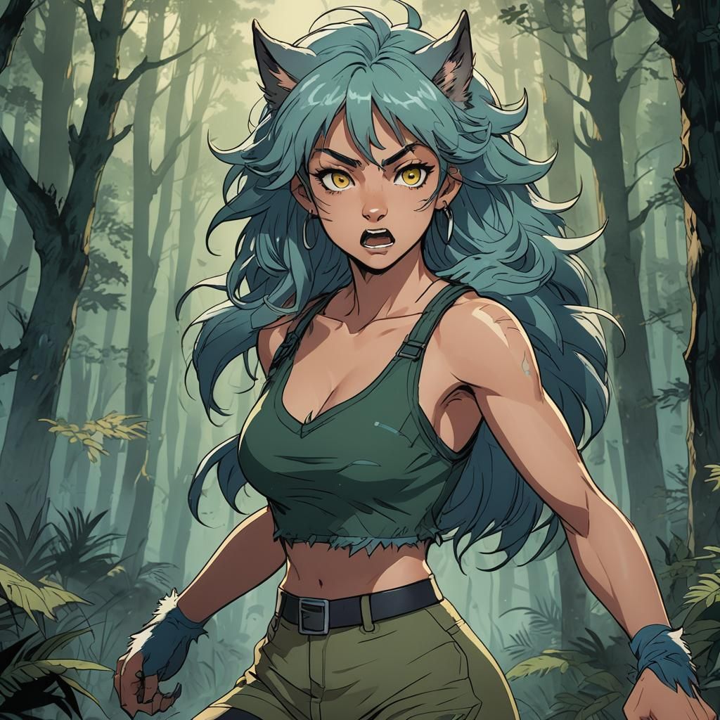 Strong Anime Teenage Girl Werewolf in Vibrant Cel-Shaded Sty...
