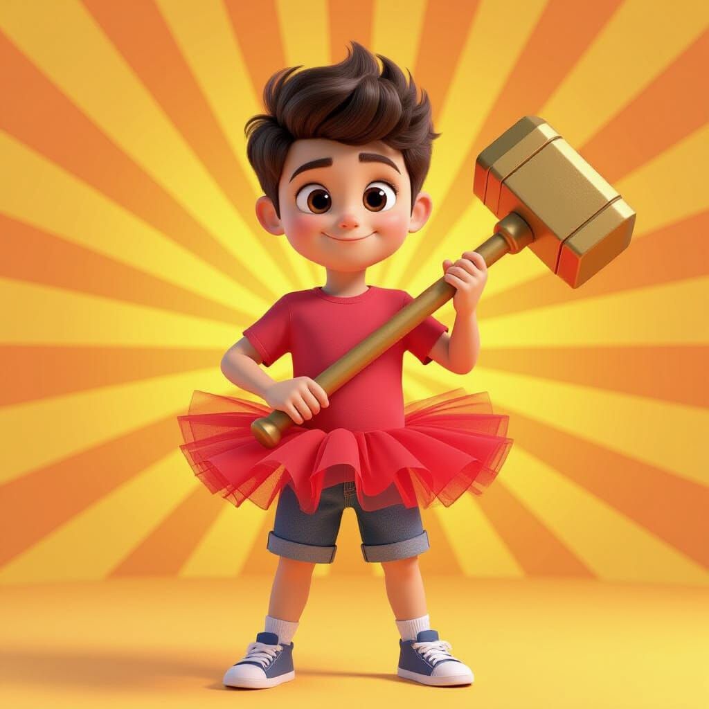 Pixar Style Boy in Red Tutu with Golden Hammer