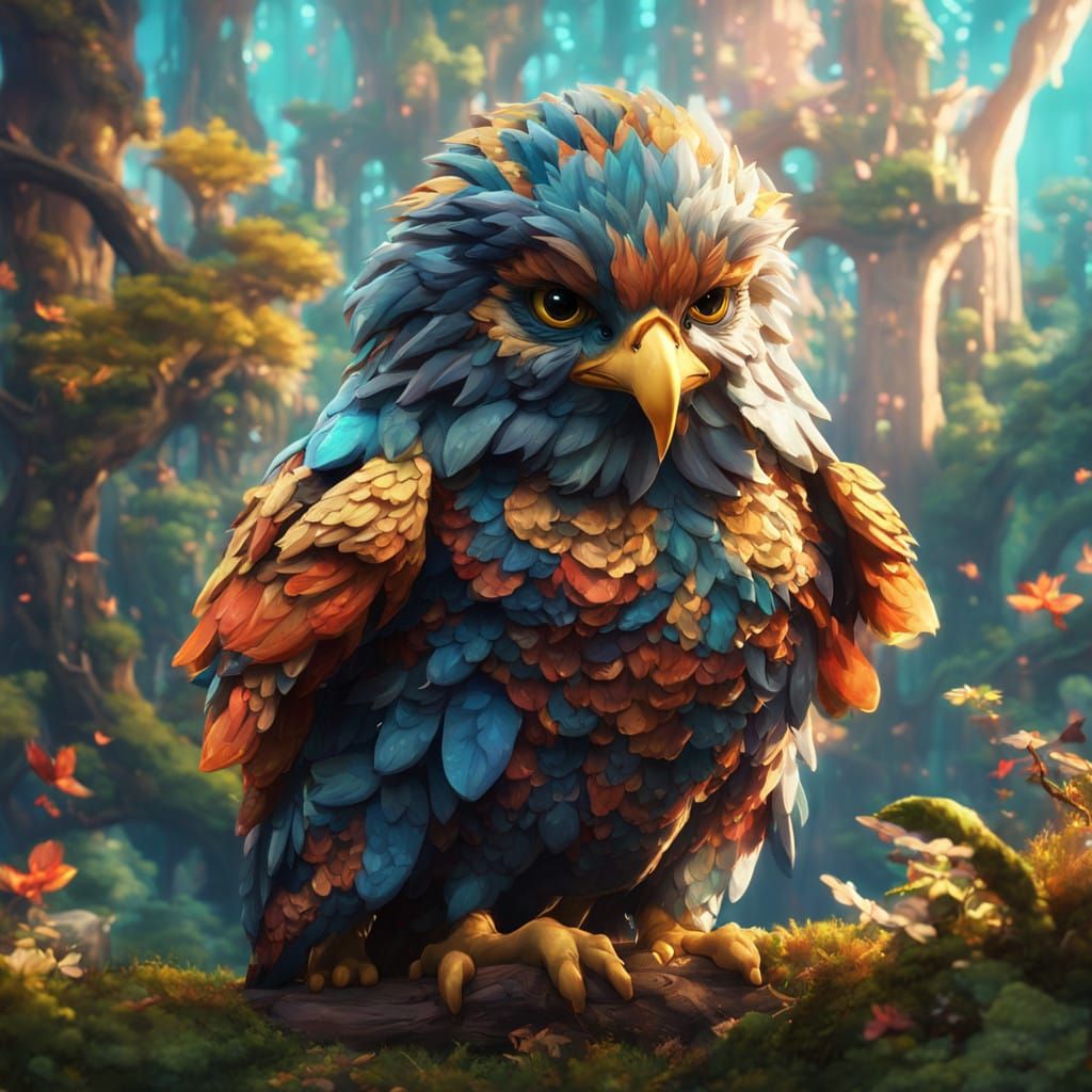 Whimsical Chibi Hawk in Dreamlike Fantasy Setting