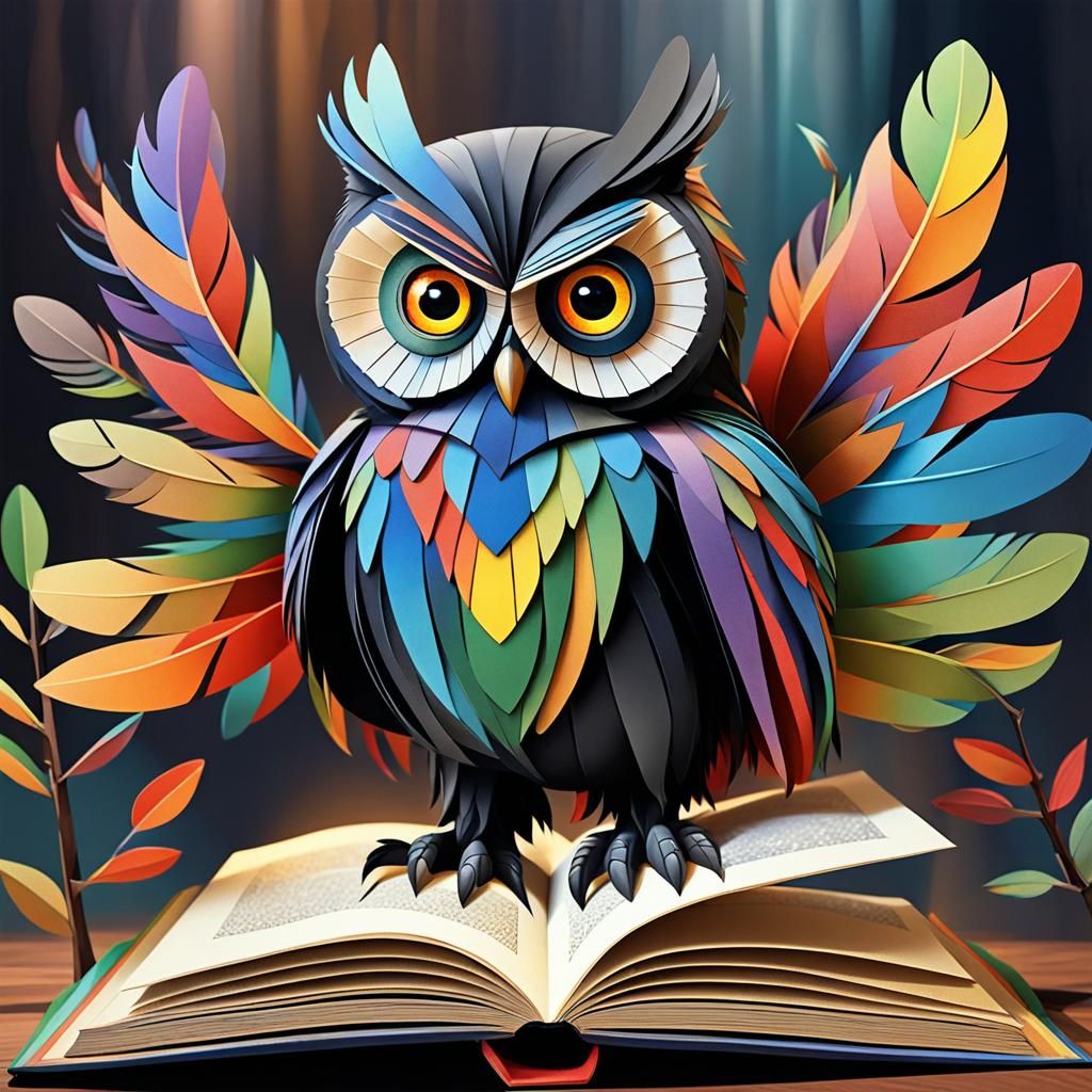 Steampunk Pop-Up Book with Cubist Owls in Vibrant Color