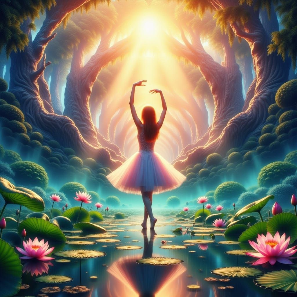 Ballerina in Gigantic Lotus Flower with Neon Accents