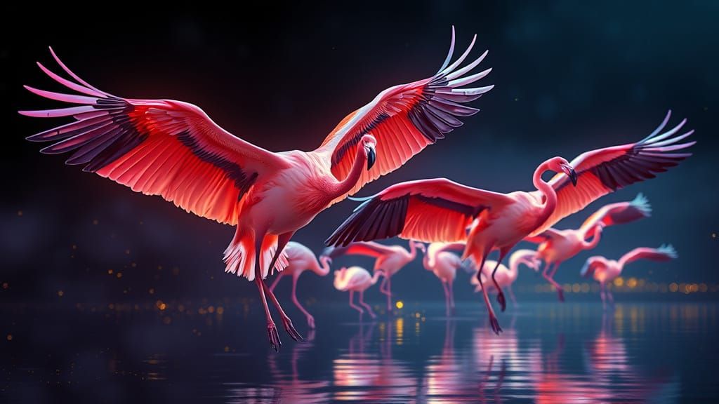 Giant Flamingos in Dreamlike Nightscape with Golden Runes