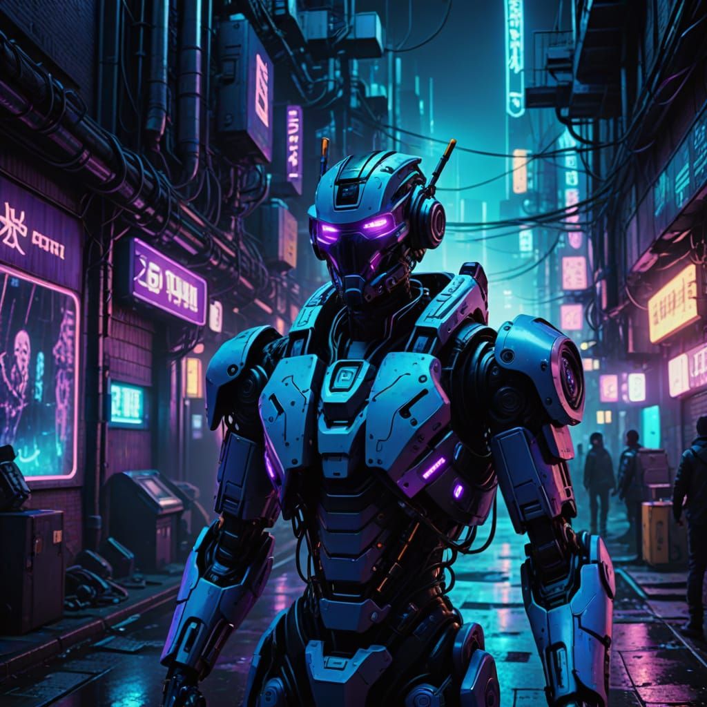 Cyberpunk Robots and Machines in Neon Noir City