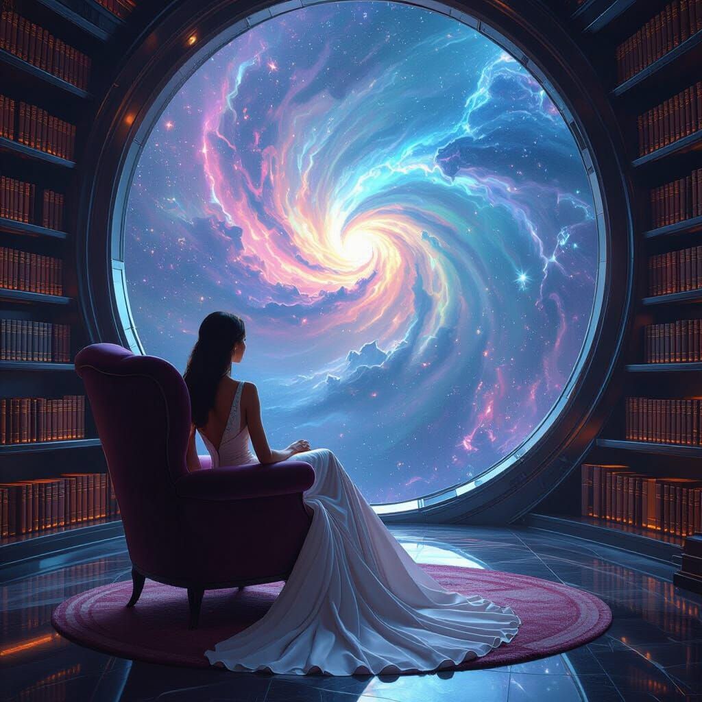 Nebula View from Spaceship Library in Sci-Fi Style