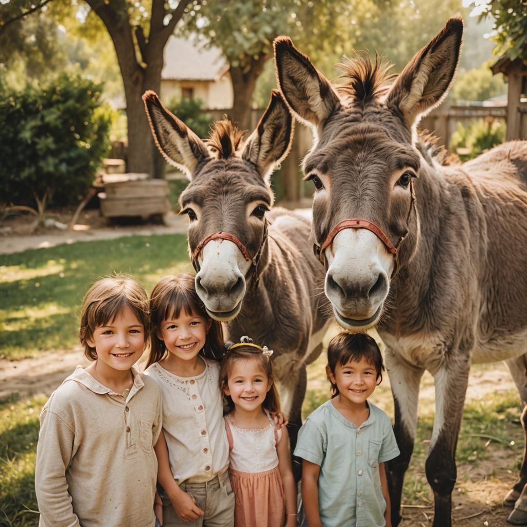 Whimsical Family Photo with Mischievous Donkey