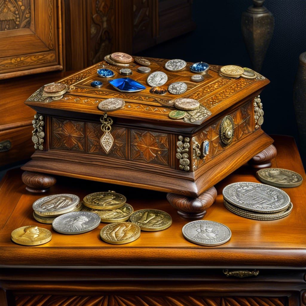 Tudor Jewelry Box Overflowing with Royal Jewels and Coins
