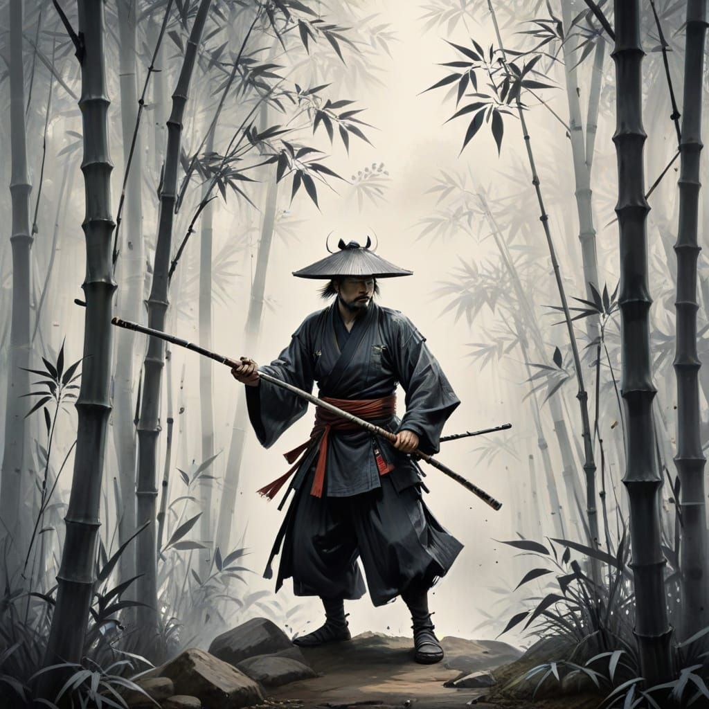 Samurai in Misty Bamboo Grove, Sumi-e Style