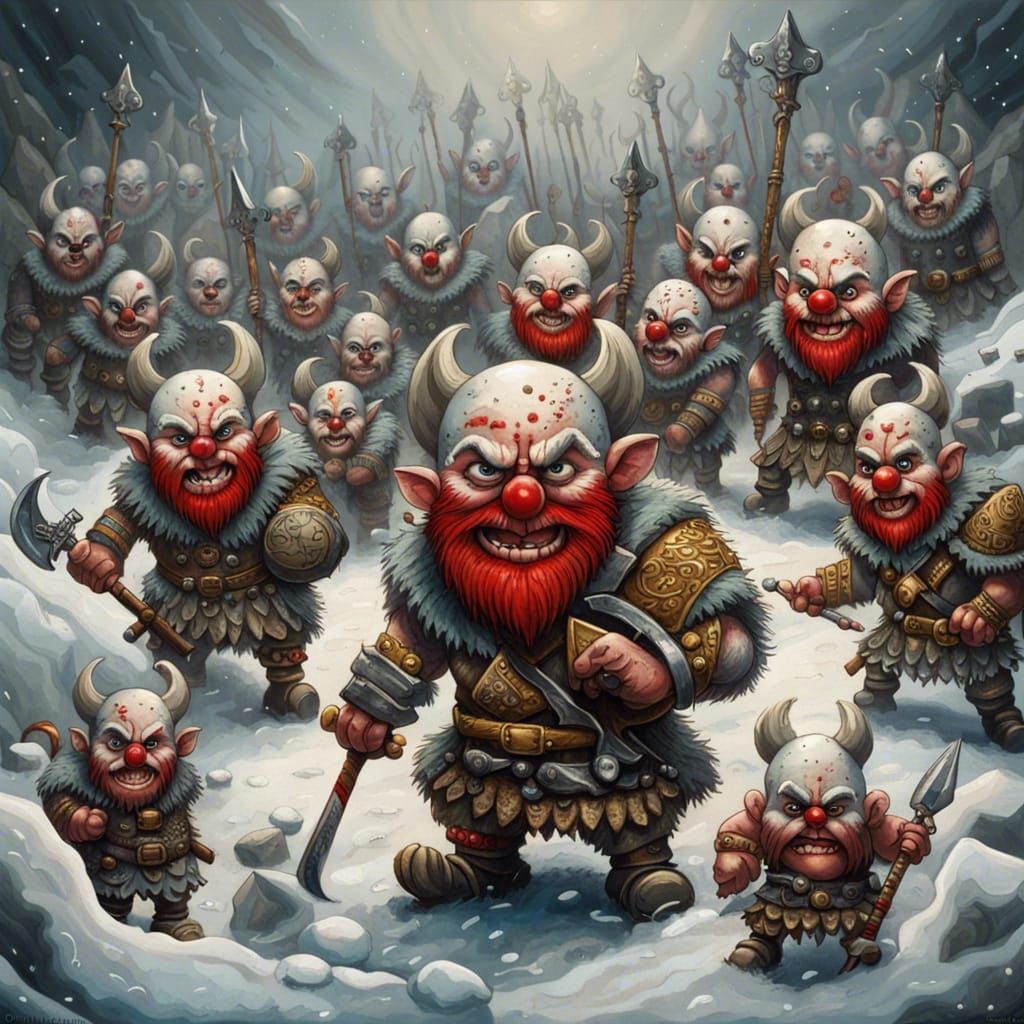 Chibi Viking Clown Warriors March Through Snowy Terrain