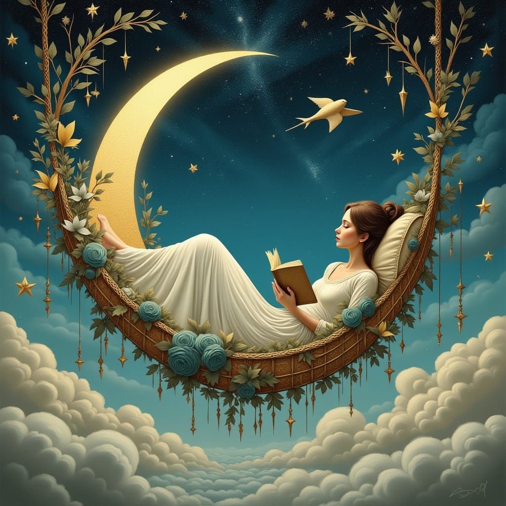 Woman in Hammock Between Airships, Floating Watercolor Style