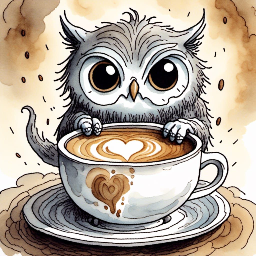 Cute Cartoon Coffee Character with Scary Eyes