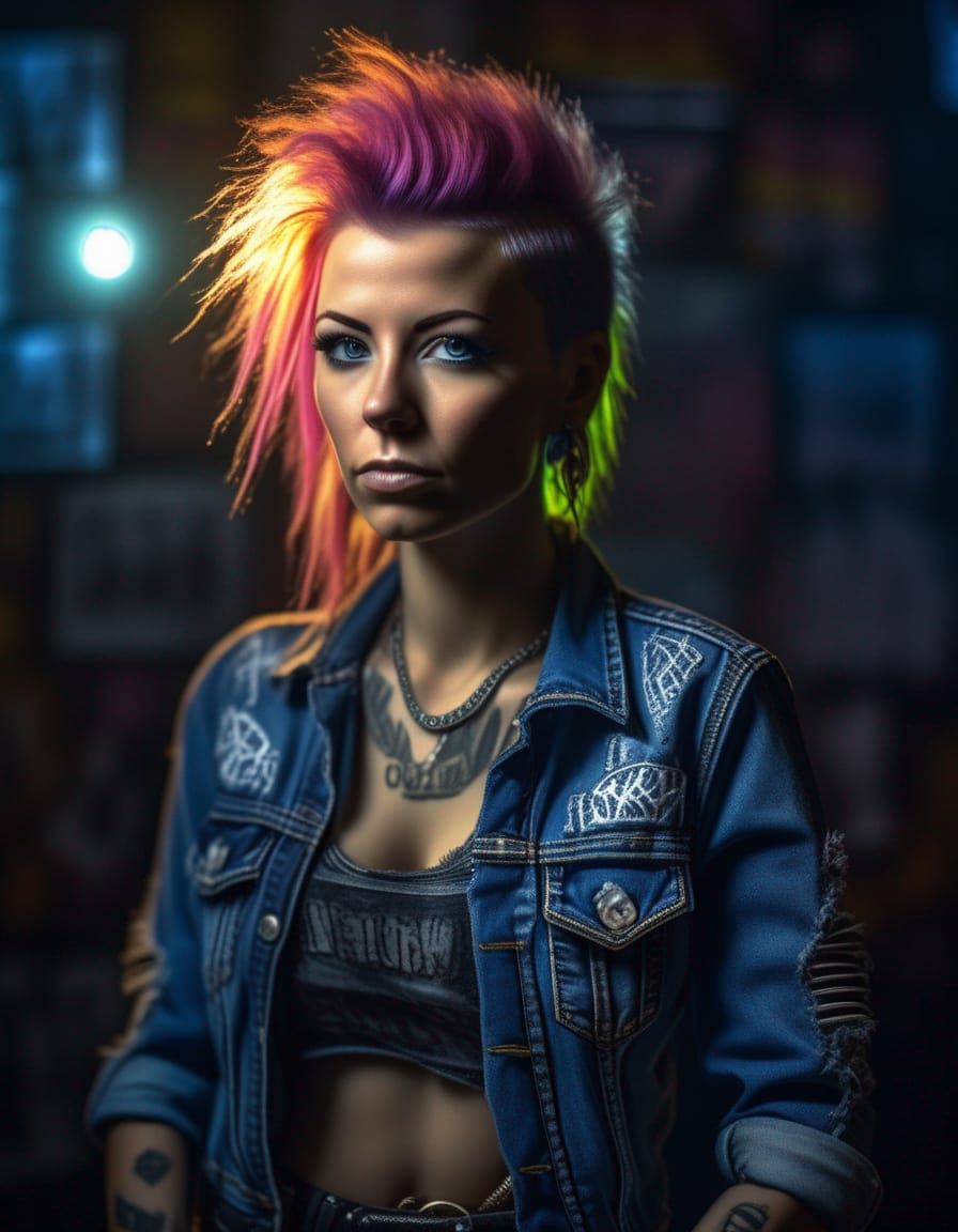 Glamorous Punk Rock Goddess Illuminated by Neon Rays